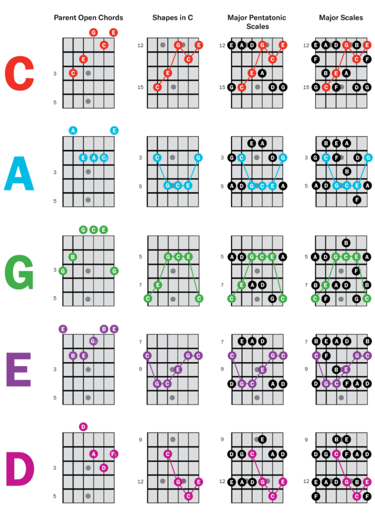 CAGED system guitar diagram with C A G E D chord shapes